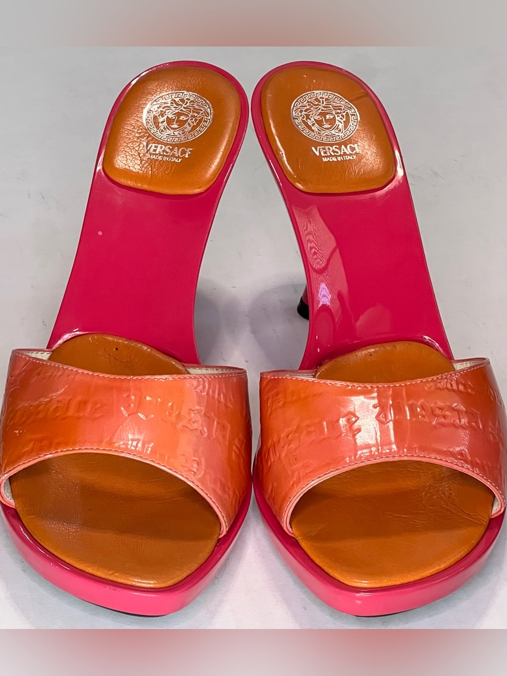 Vintage Versace Medusa Platform Mule Heels Pink Coral Orange Leather Size 39 Y2K - Picture 3 of 12